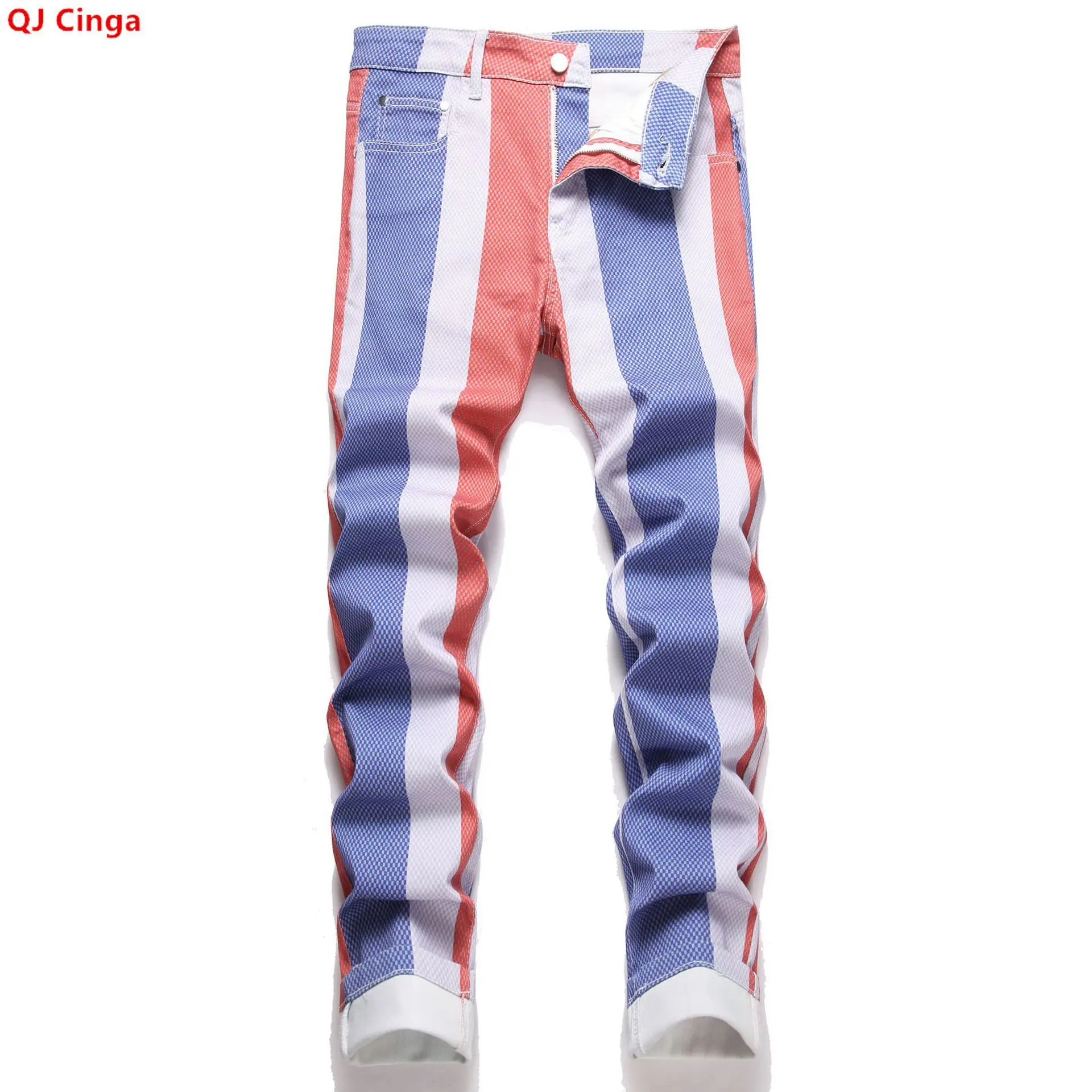 

Men's Jeans for Spring and Fall, Blue-Red-white Stripes Denim Pants, Stylish Casual Trousers, Asian Sizes 28–42.