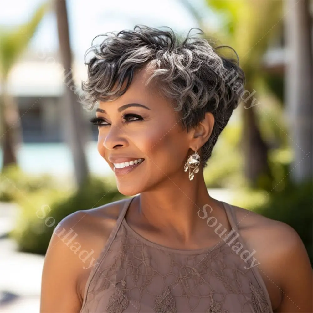 

Soul Lady Salt and Pepper Short Pixie Cut Wig Natural Wave Bob Human Hair Full Machine Made Glueless Wigs For Seniors Mature