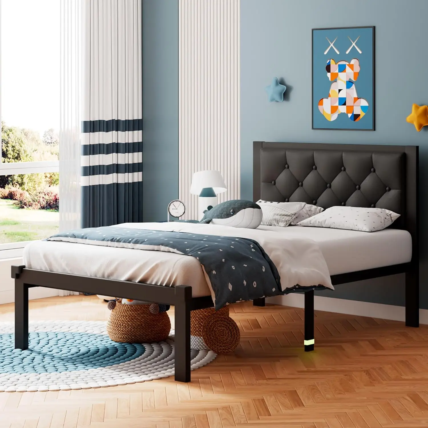 

Ipormis Twin Size Metal Bed Frame, Faux Leather Platform Bed Frame With Button Tufted Headboard, 12"" Underbed Space, Steel