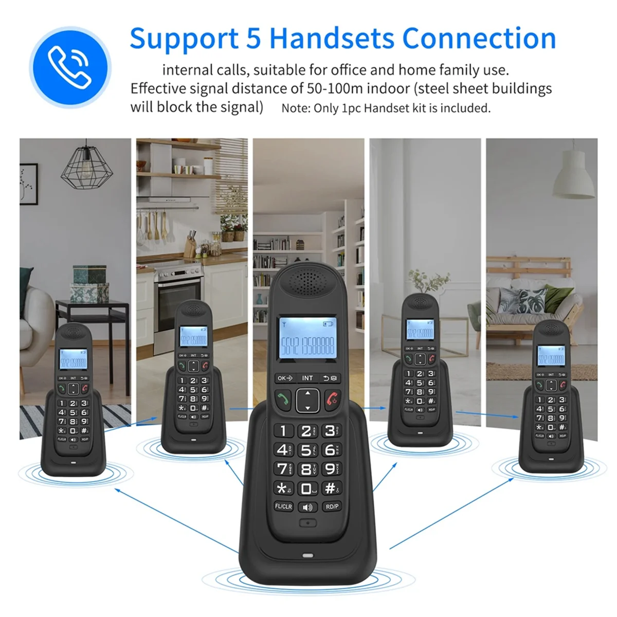 Expandable Cordless Telephone Handheld Telephone Digital Cordless Telephone Supports 5 Handsets 16 Languages US Plug A