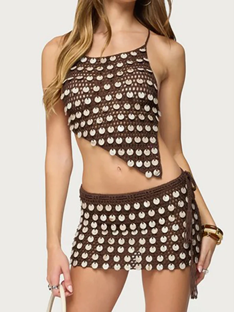 

Fashion Backless Slim Solid 2Pc Outfits Sexy Halter Asymmetric Hem Top and Mini Skirt Set Women Elegant Sleeveless Crochet Suit