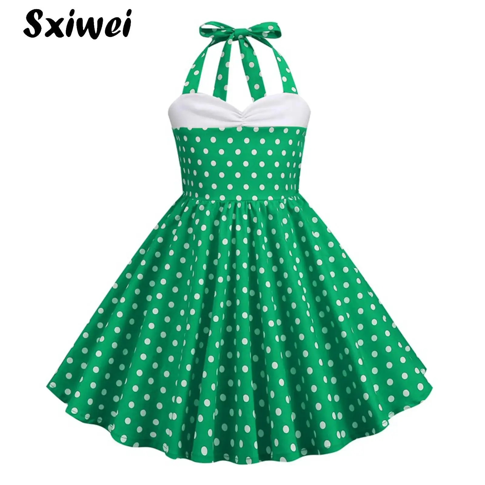 

Kids Girls Halter Vintage 1950s Rockabilly Retro Dresses Elegant Summer Polka Dot Evening Dresses Cocktail Party Pleated Skirt