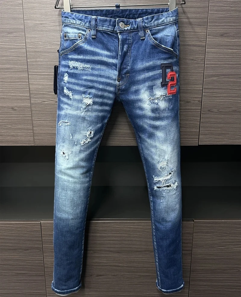 Merek Fashion D2 celana Jeans Denim pria celana pensil ramping lubang kancing klasik mode Coolguy biru DSQ2 JENAS untuk pria