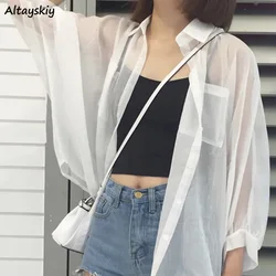 Shirts Women Summer Thin Chiffon Soft Breathable Sheer See-through Full Blouses Basic All-match Fashion Female Chic Loose New