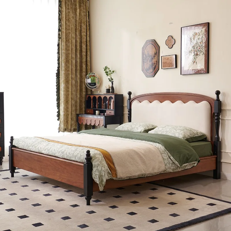 

French Retro Bed Bases & Frames Nordic Solid Wood Homestay Soft Back Double Bed Dormitory Bedroom Furniture Cama De Casal FYBB
