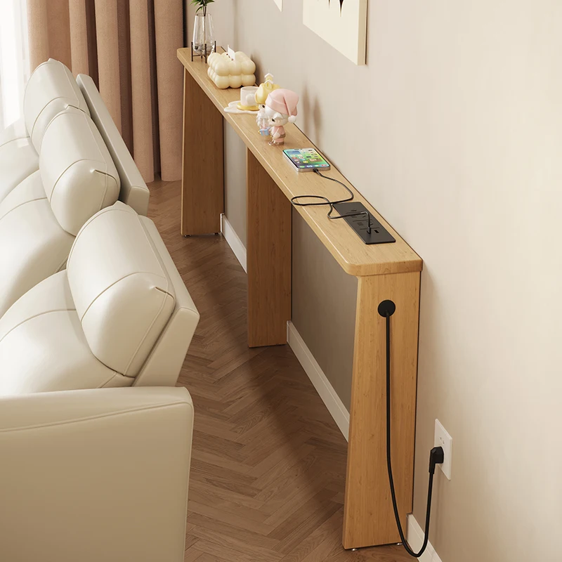 

Custom Made Wooden Sofa Wall Shelf with Socket - Electric Slim Storage Cabinet & Long Table, Space-Saving Wall Mounted Furniture