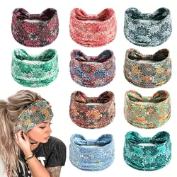 New Printed Flower Plant Pattern Hairband Bohemian African Women Headband Stretch Wide Version Knotted Hair Accessories