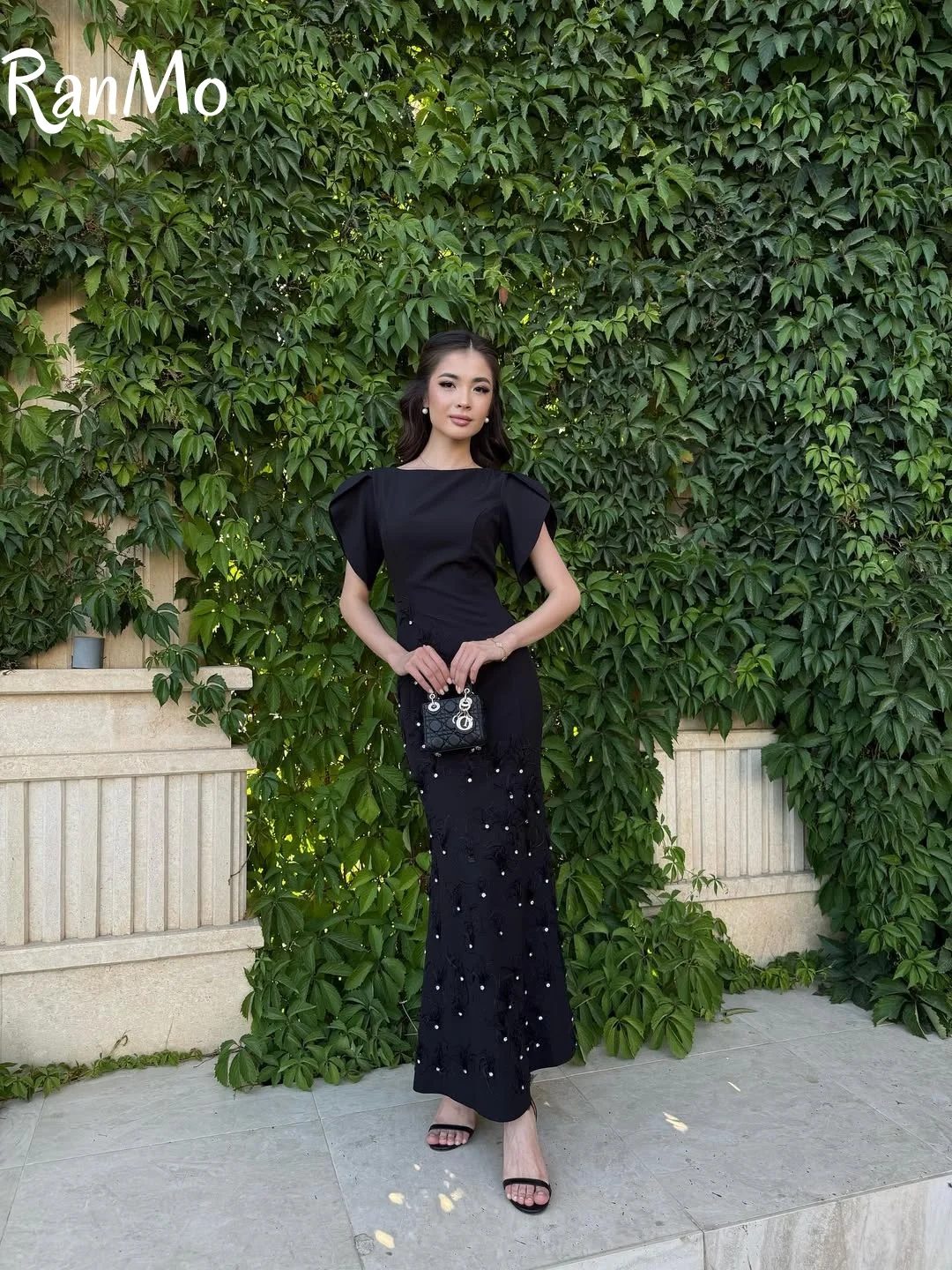 Ranmo 2025 Feather Pearl Long Dress Elegant Black Waist Mermaid Evening Dresses Beaded Slanted Shoulder Ankle Length Customsied