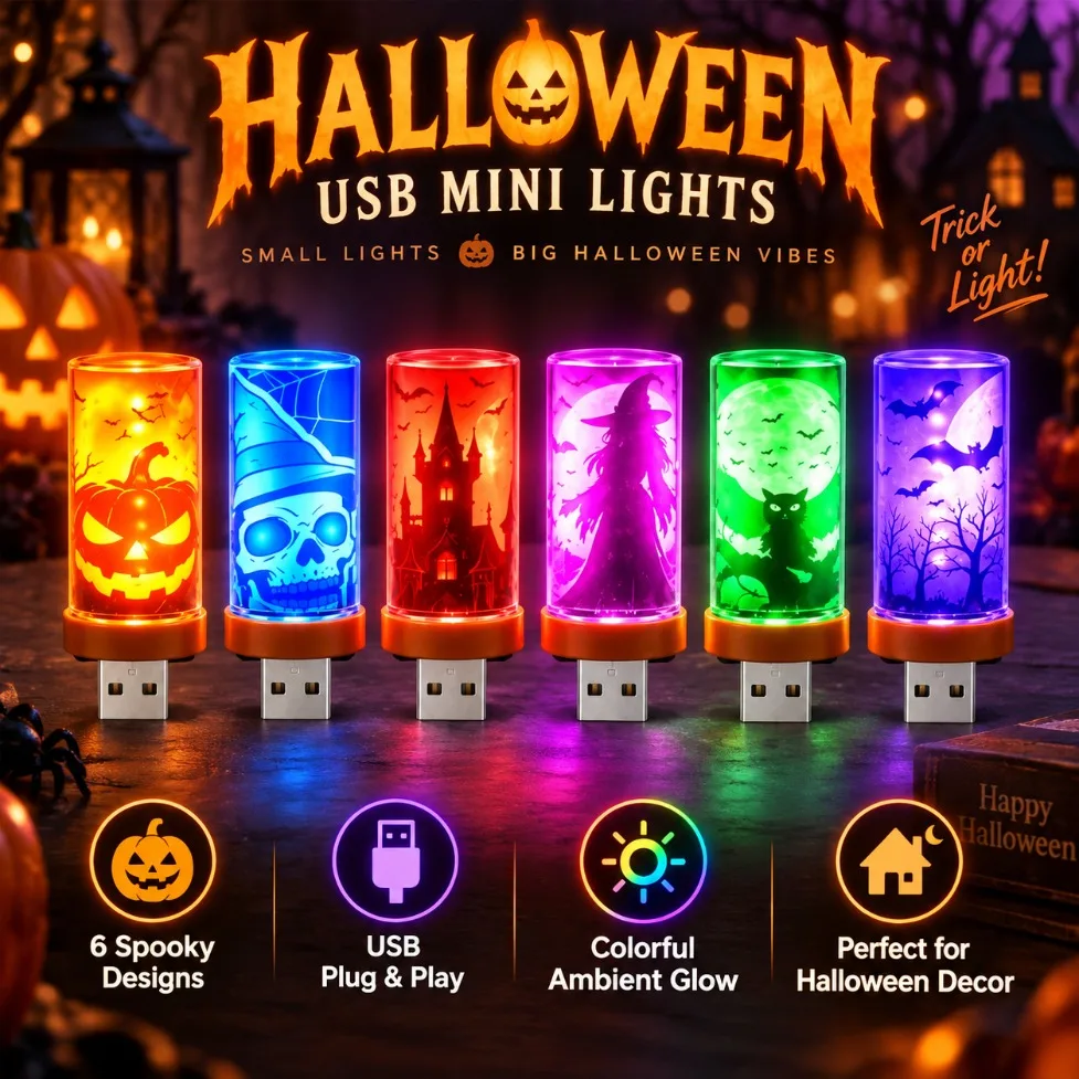 Mini Halloween Glass LED Night Light Touch Dimmable USB Plug Play Atmospheric Lamp for Festival Party Bedroom Desktop Decor