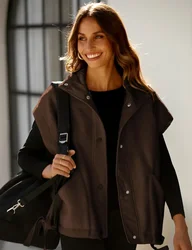 Women's Fuzzy Fleece Vest Oversized Sleeveless Sherpa Jacket Warm Button Down Gilet Outerwear with Pockets
