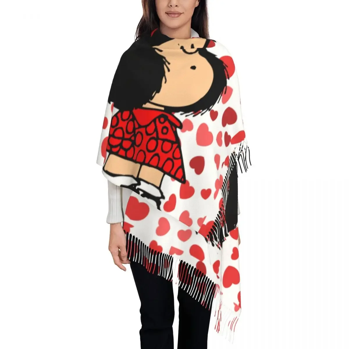 Ladies Large Mafalda Power With A Surprised Face Scarves Women Winter Soft Warm Tassel Shawl Wrap Quino Kawaii Cartoon Scarf