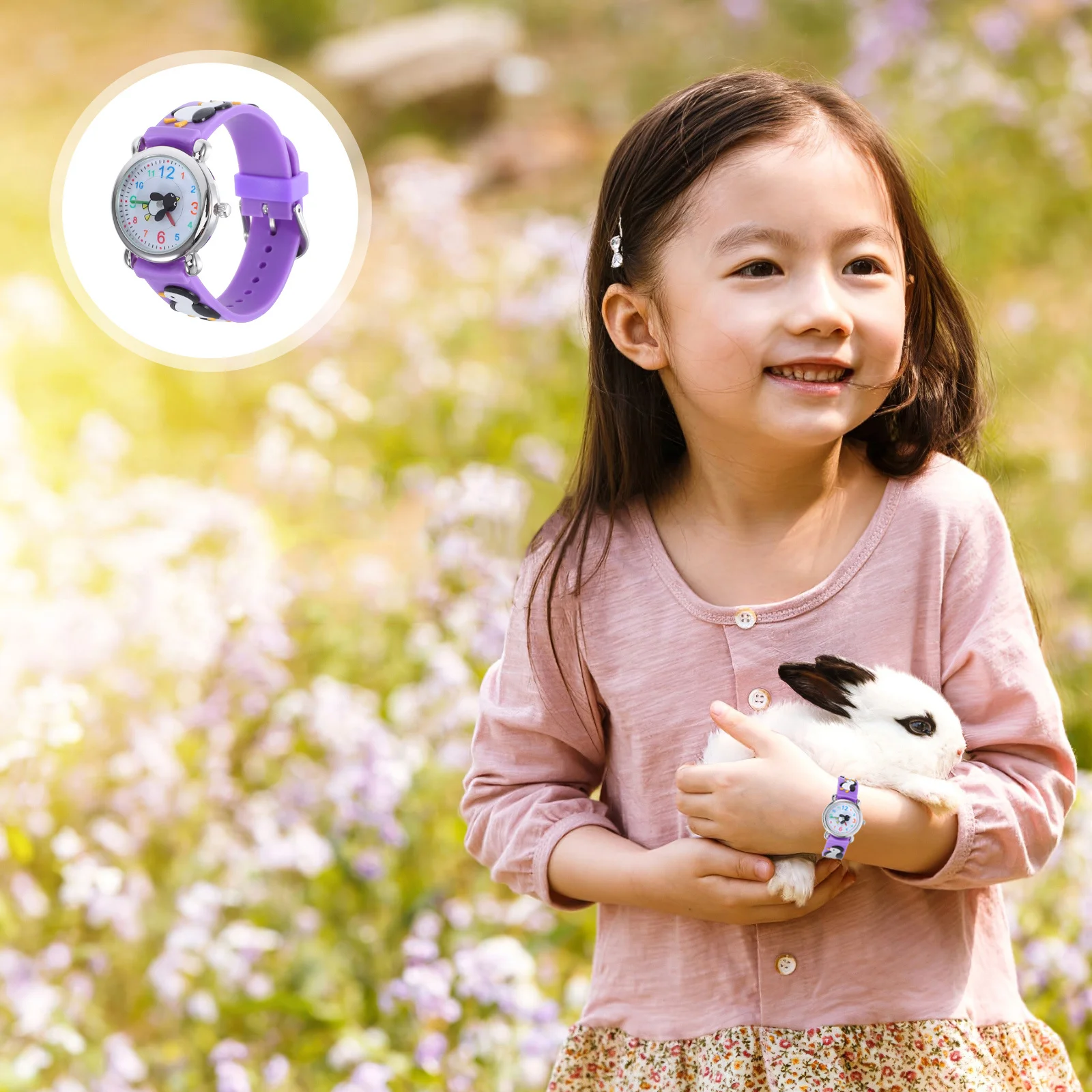 Penguin Watch Waterproof Purple Cartoon Comfortable Large Dial Lightweight Analog Digital Wristband Watch for