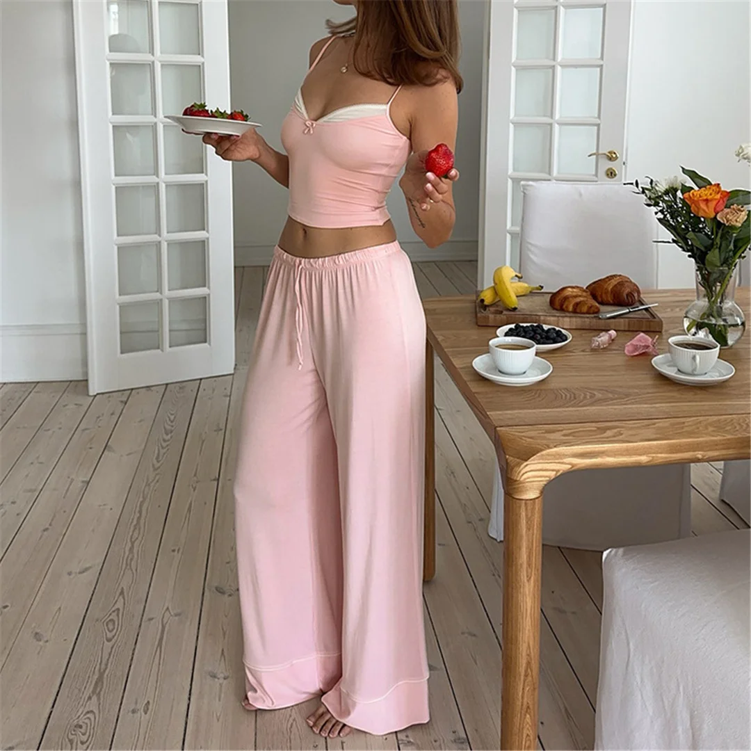 Summer New Women's Fashion Casual Deep V Splicing Bow Strap Wide Leg Strap Pants Set Loose Simple Solid Color Home Two Piece Set