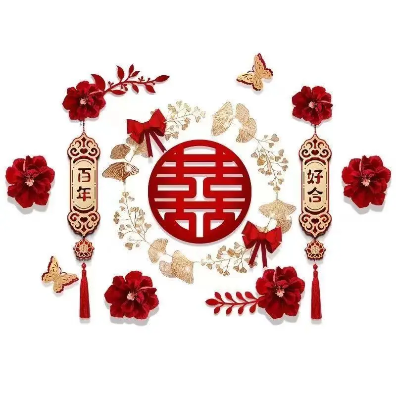 DIY Chinese Happy Wedding Room 3D Red Flower Decor Bedroom TV Background Window Wall Engagement Party Decoration