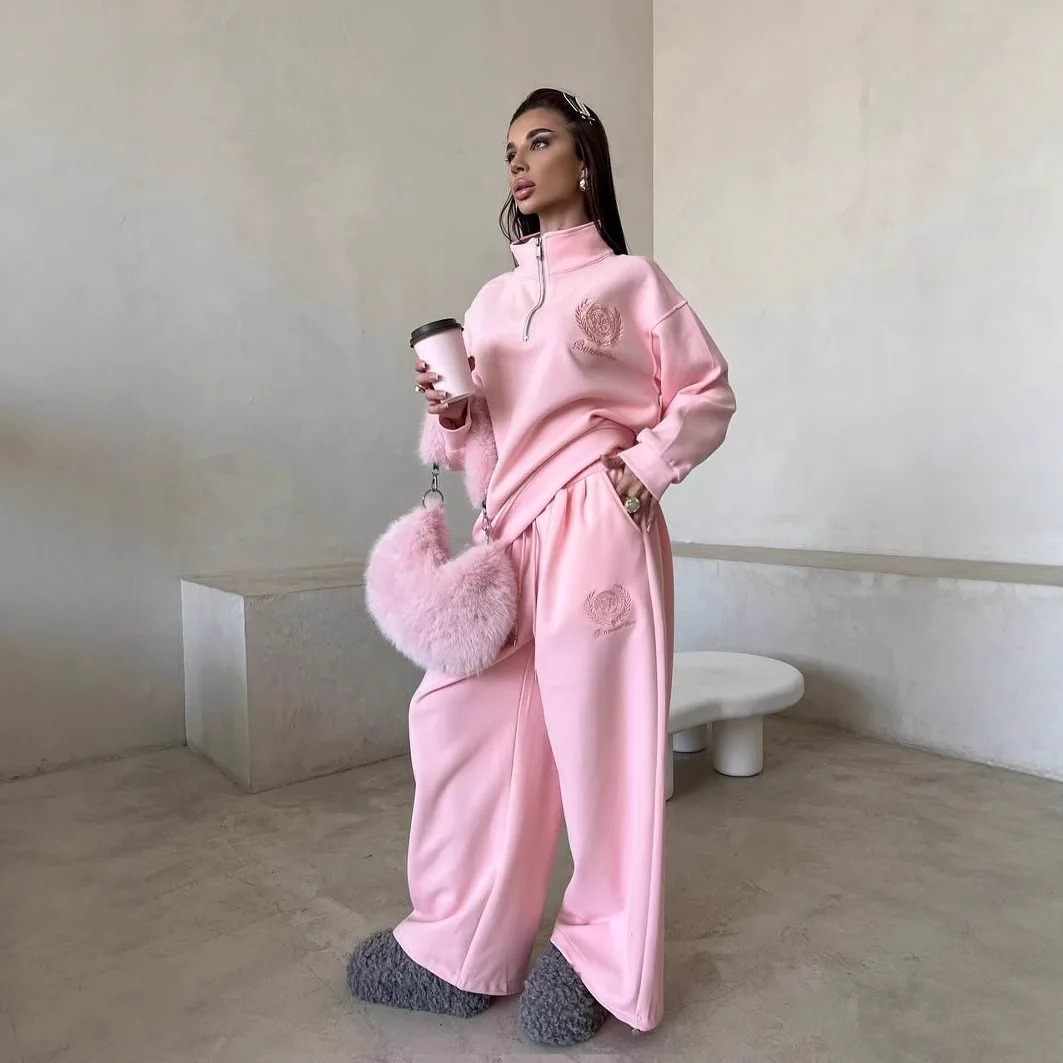 

2025 Autumn/Winter New Style Heavy Embroidery Half-Zip Long-Sleeved Top and Wide-Leg Pants Casual Two-Piece Set for Women