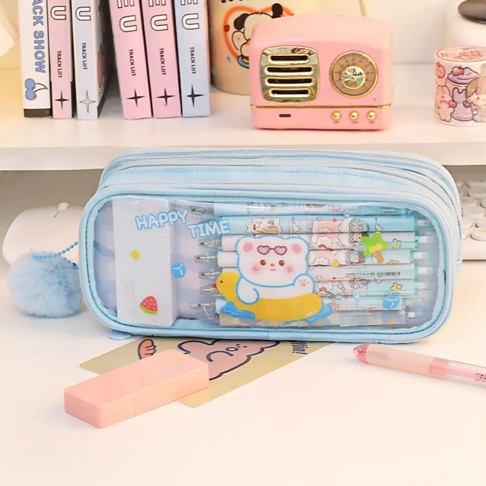 Cute Furball Pen Bag Large Capacity Canvas Pencil Case Multifunctional Pencil Box Student