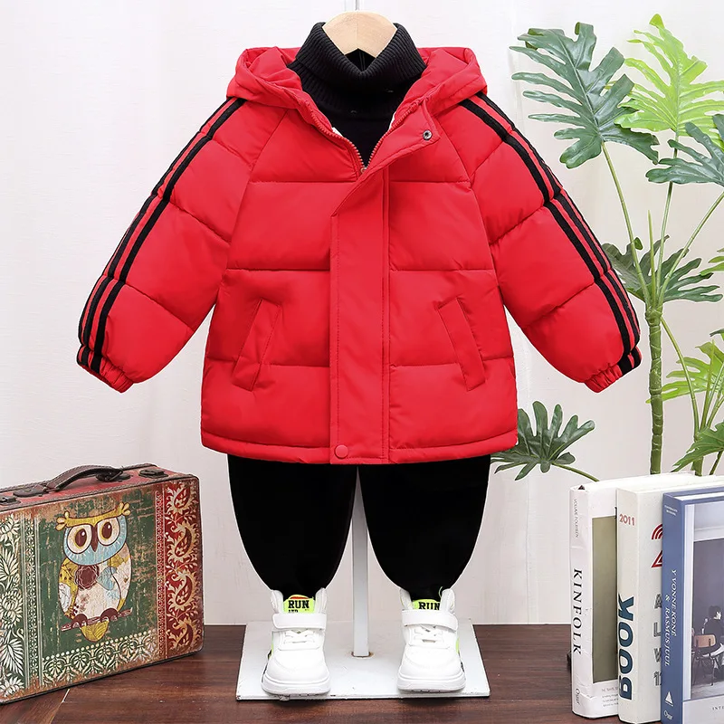 Boys\' New Winter Kids Down Jacket Hooded Solid Mid-Length Warm Coat Cold Protection Hooded Cotton Windbreaker Outerwear 3-10Y