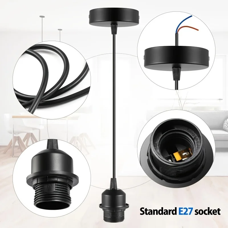 Easy-Install Vintage E27 Ceiling Light Holder with 150cm Hanging Wire - Versatile Black/White/Golden E27 Base for Pendant Lights