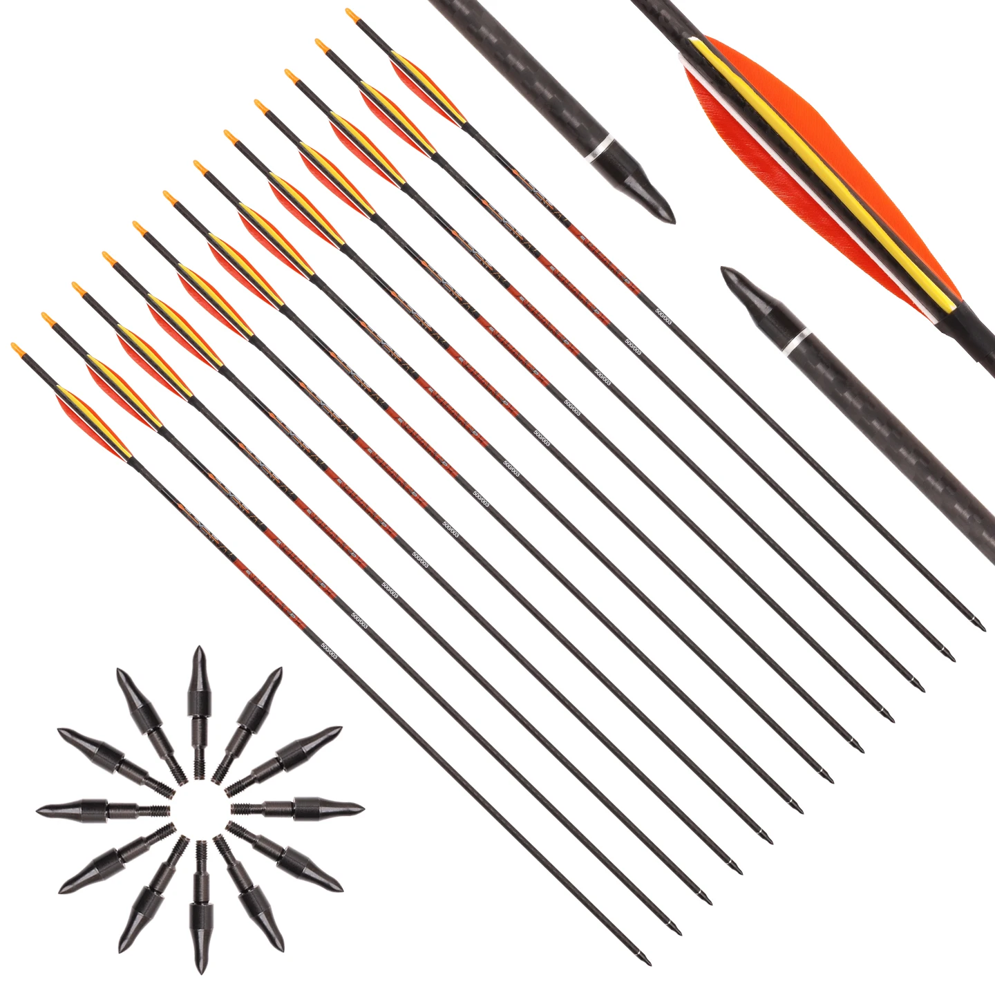 

6/12/18pc ID6.2 Archery Pure Carbon Arrow Spine 300 350 400 500 Shaft 5-inch Turkey Feather Recurve Bow Arrows Hunting Shooting