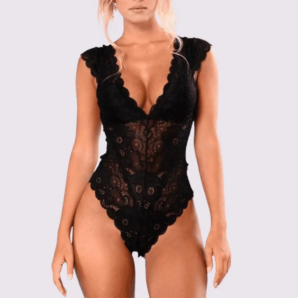 Women Bodysuit Underwear Lace Backless One Piece See Through Petal Edge Underwear Pajama for Sleeping