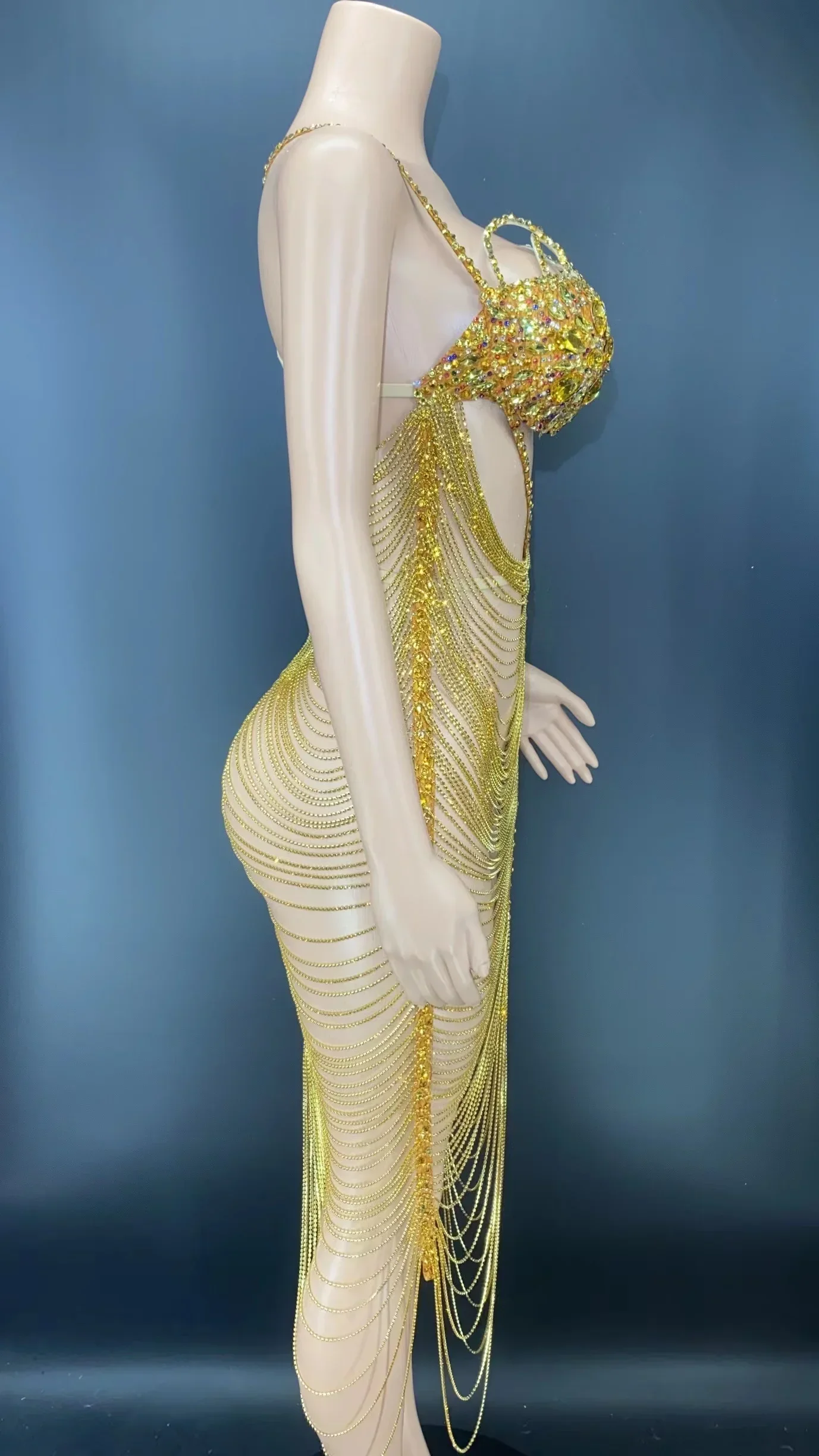 Sexy Bühne Gold Kristalle Ketten Kostüm Outfit hohle Strass Kleid Abend Geburtstag feiern Hochzeit Abschluss ball Party kleid