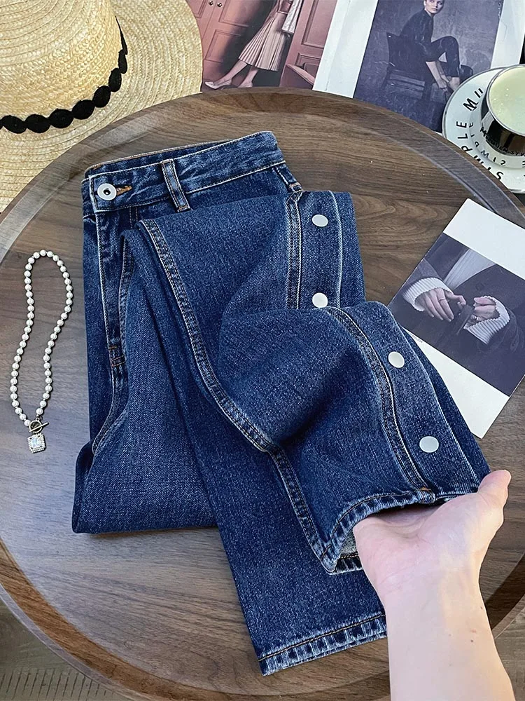 

American Casual Hong Kong Sle Blue Jeans Wide Leg Pants Single Button Straight Cut Trousers Retro Loose Fit High Waist