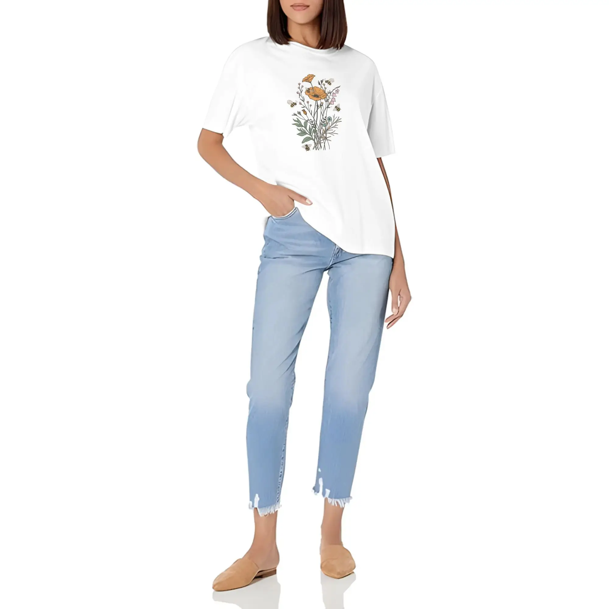 Fresh Style Flowers Bees In A World Where You Print Short Sleeve Round Neck Pure T Shirt, Tops For Vacation Outfits For Women