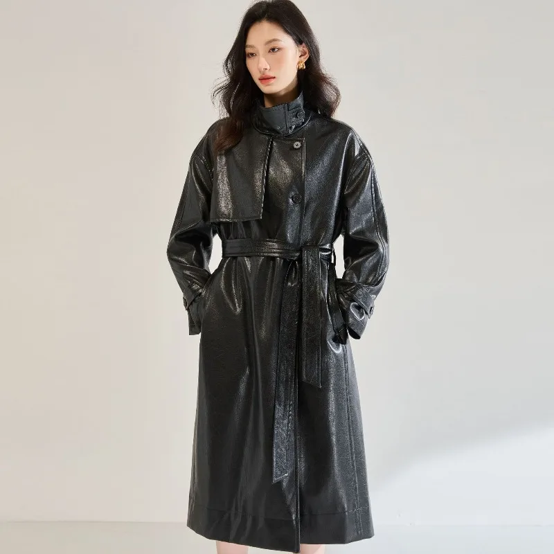 

New Retro Early Women Spring Collar Leather Trench Coat Long Coats