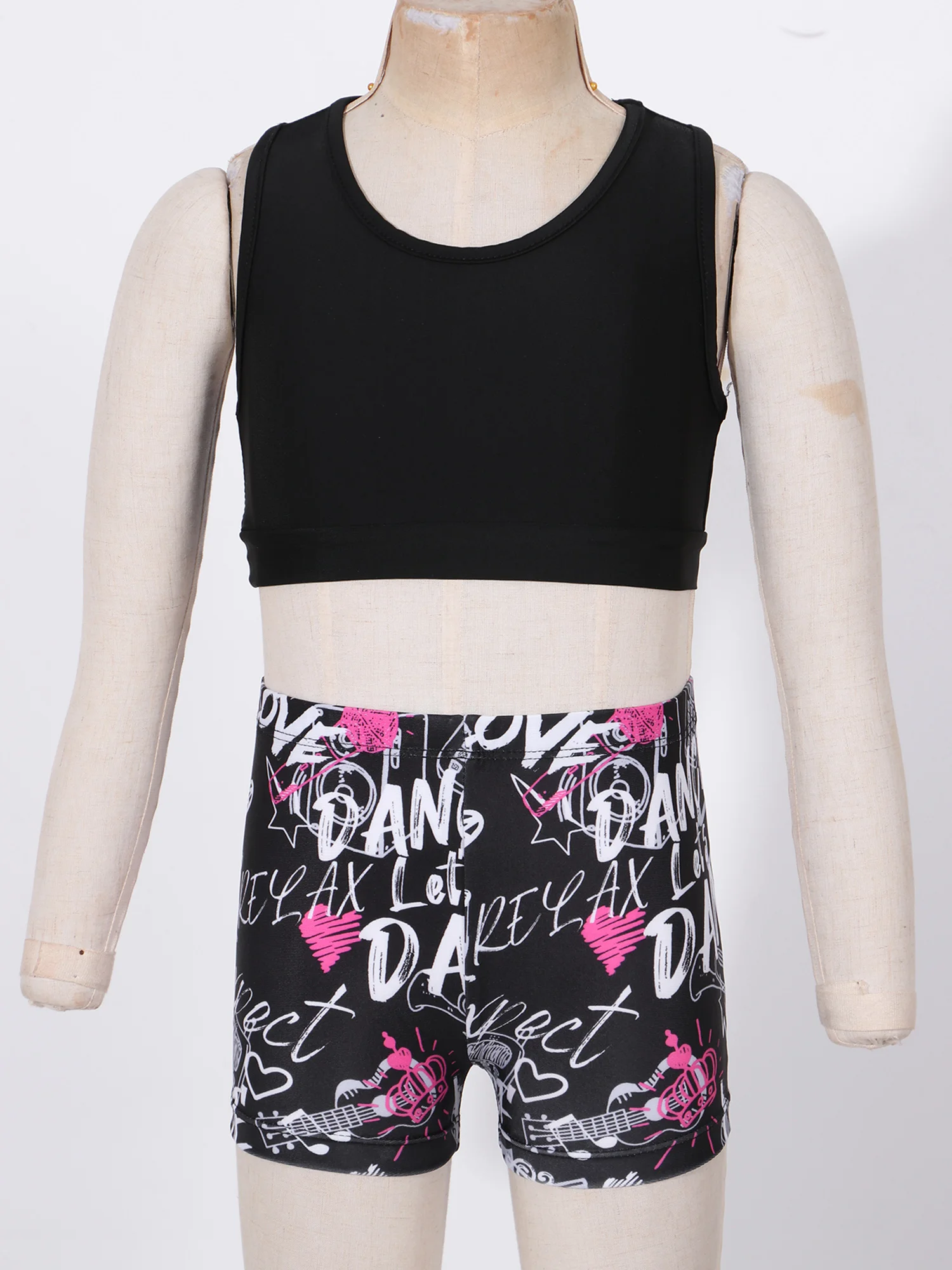 เด็กหญิงชุดว่ายน้ํา 2 ชิ้นชุด Tankini Tank Bra Crop Top + ตัวอักษรพิมพ์กางเกงขาสั้นบัลเล่ต์เต้นรําออกกําลังกายชุดว่ายน้ํา Beachwear