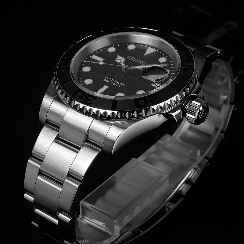 Cronos Sub Diver Men Watch Stainless Steel PT5000 Brushed Bracelet Ceramic Bezel 200 meters Water Resistant L6018