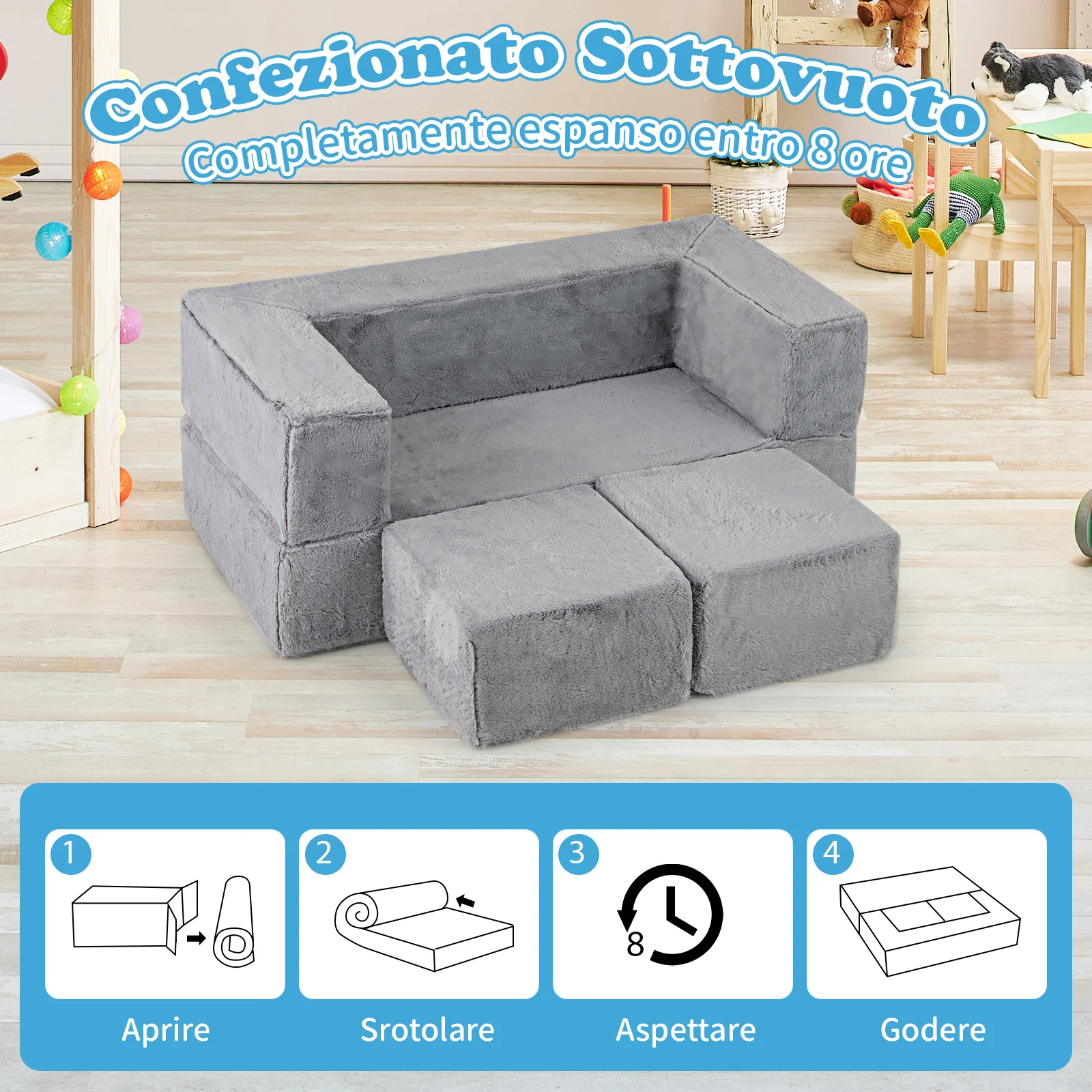 Divano Modulare per Bambini, 4 Pezzi, Divano Letto per Bambini in Schiuma, Poltrone per Bambini per Stanze da Gioco, Camere da Letto, Soggiorno
