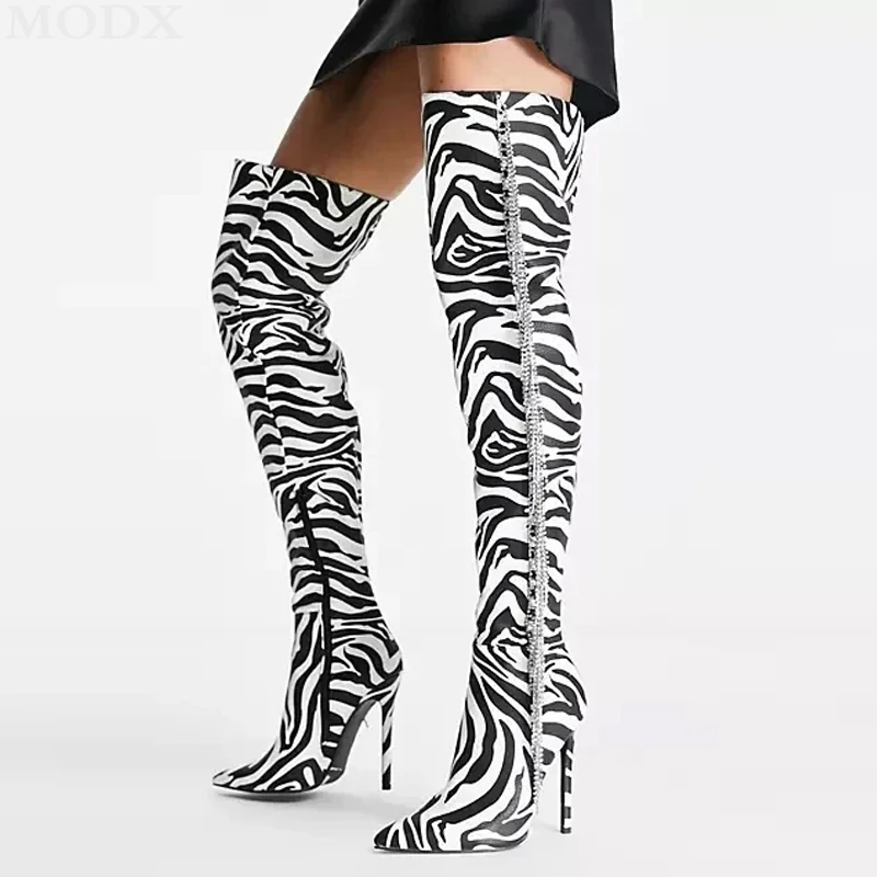 Zebra Printed Thin High Heels Sexy Rhinestone Tassel Over The Knee Boots Women's Black White Gradient Designer Long Boots Botas