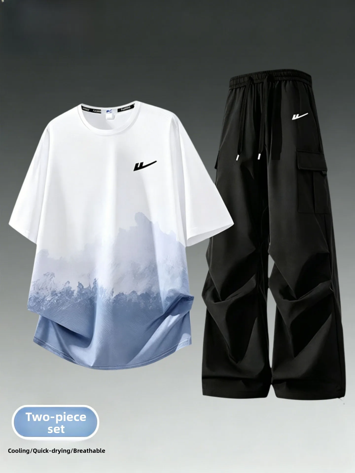 ice-sensation-quick-dry-workwear-set-men's-summer-thin-breathable-gradient-t-shirt-paratrooper-pants-casual-two-piece-set