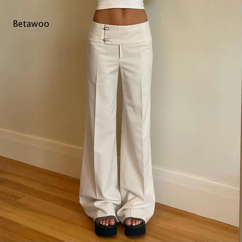 Front Double Buckle Low Cut Waist White Dress Pants Vertical Seam High Flow Bootcut Long Trousers