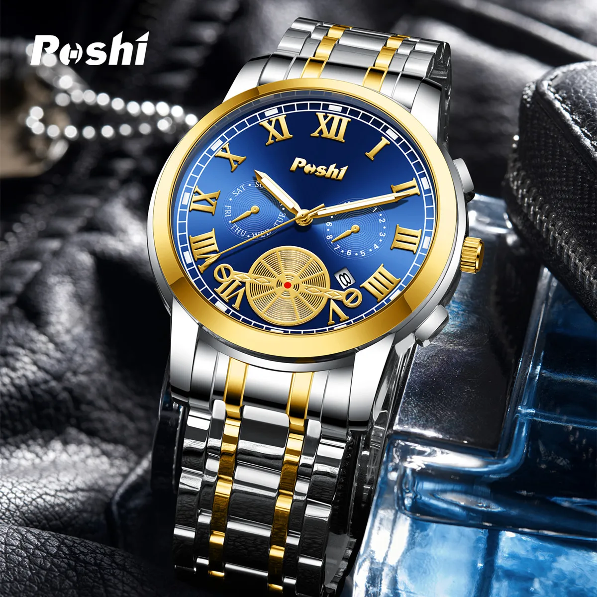 POSHI 905 Luxury Man Wristwatch Waterproof Date Watch for Men Stainless Steel Men\'s Quartz Watches reloj hombre with Box