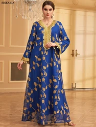 Siskakia Fashion Long Dresses For Women Evening Gala Mesh Embroidered V-Neck Muslim Abayas Dubai Morocan Islamic Kaftan 2024