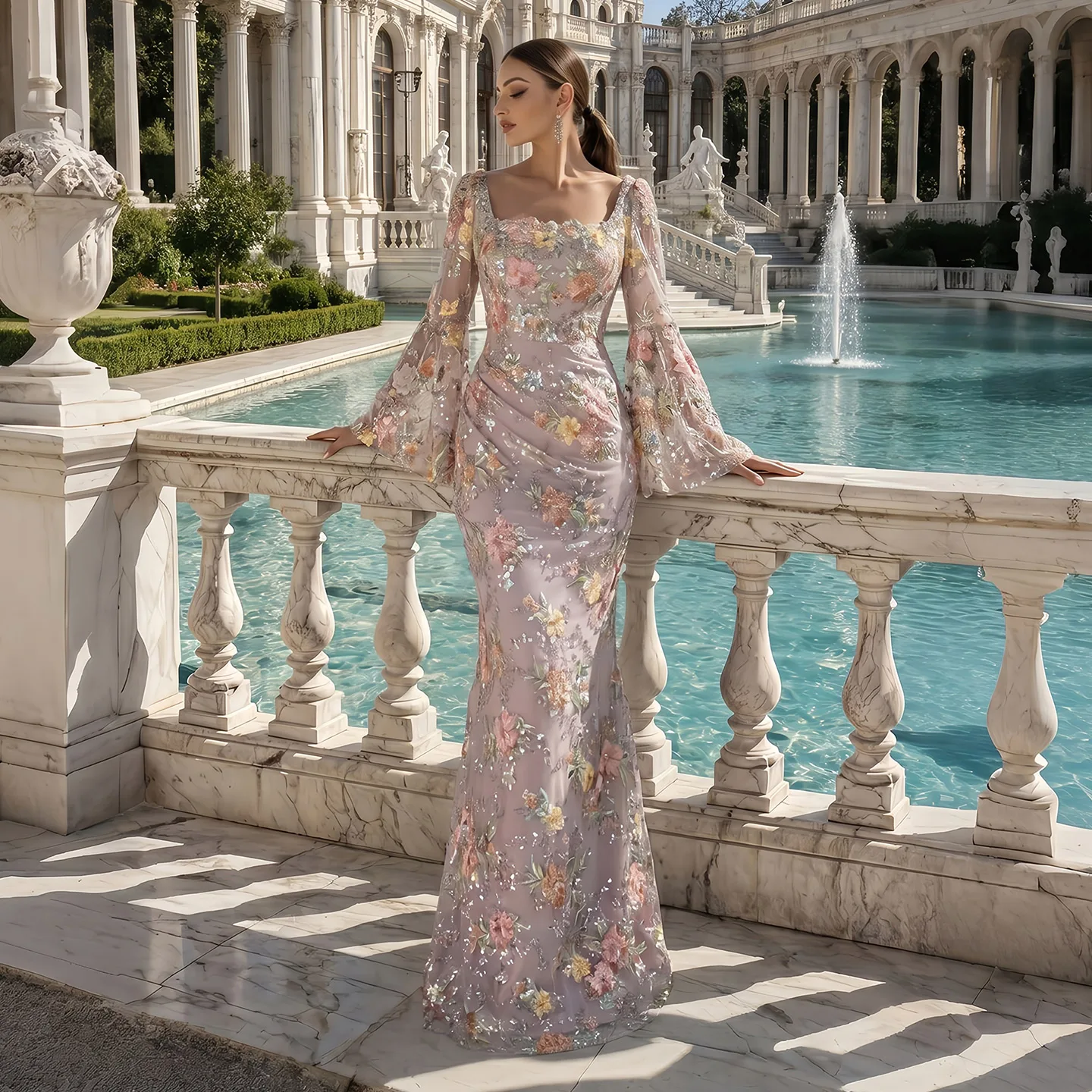 Sharon Said Luxuriöses rosafarbenes, floral besticktes Meerjungfrauen-Abendkleid mit eckigem Ausschnitt, Partykleid für Damen, SS465, maßgeschneidert – Detail 4