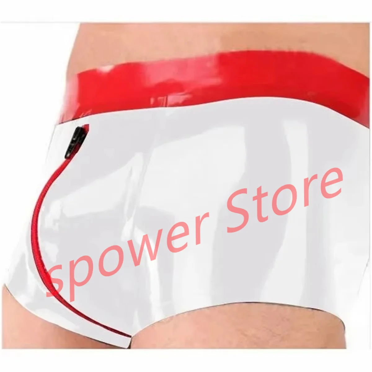 

Latex Boxer Panties Sexy Fetish Rubber Shorts White with Red Underwear Handmade Cosplay Costume for Men