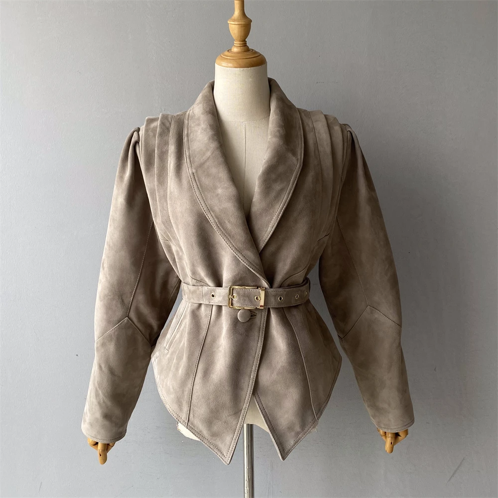 Jxwatcher veste en cuir suédé véritable femmes automne hiver nouveau Design manteau court en peau de mouton vestes décontractée à la mode avec ceinture 2025