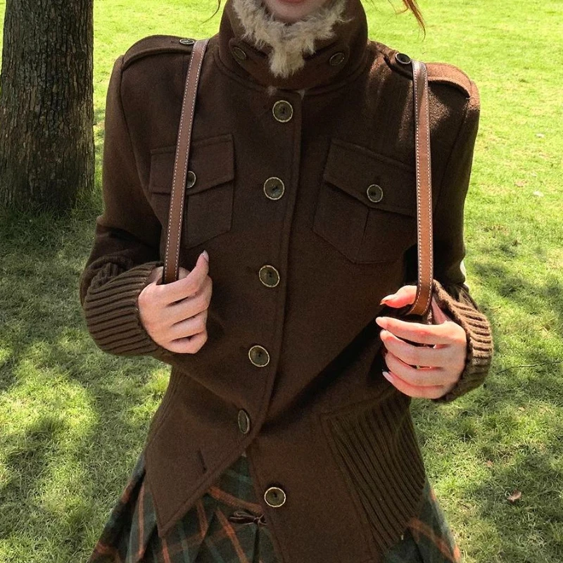 

Retro Stand Collar Warm Woolen Coat for Women, Autumn and Winter Waist-Slimming Motorcycle Jacket Top