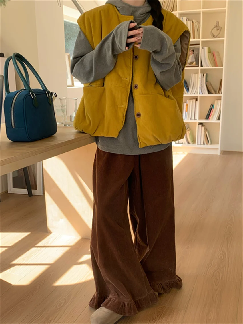 Alien Kitty Pumpkin Yellow Vest Slim Women Office Lady Winter Loose 2025 Gentle Vintage Chic Casual Corduroy Wide Leg Pants