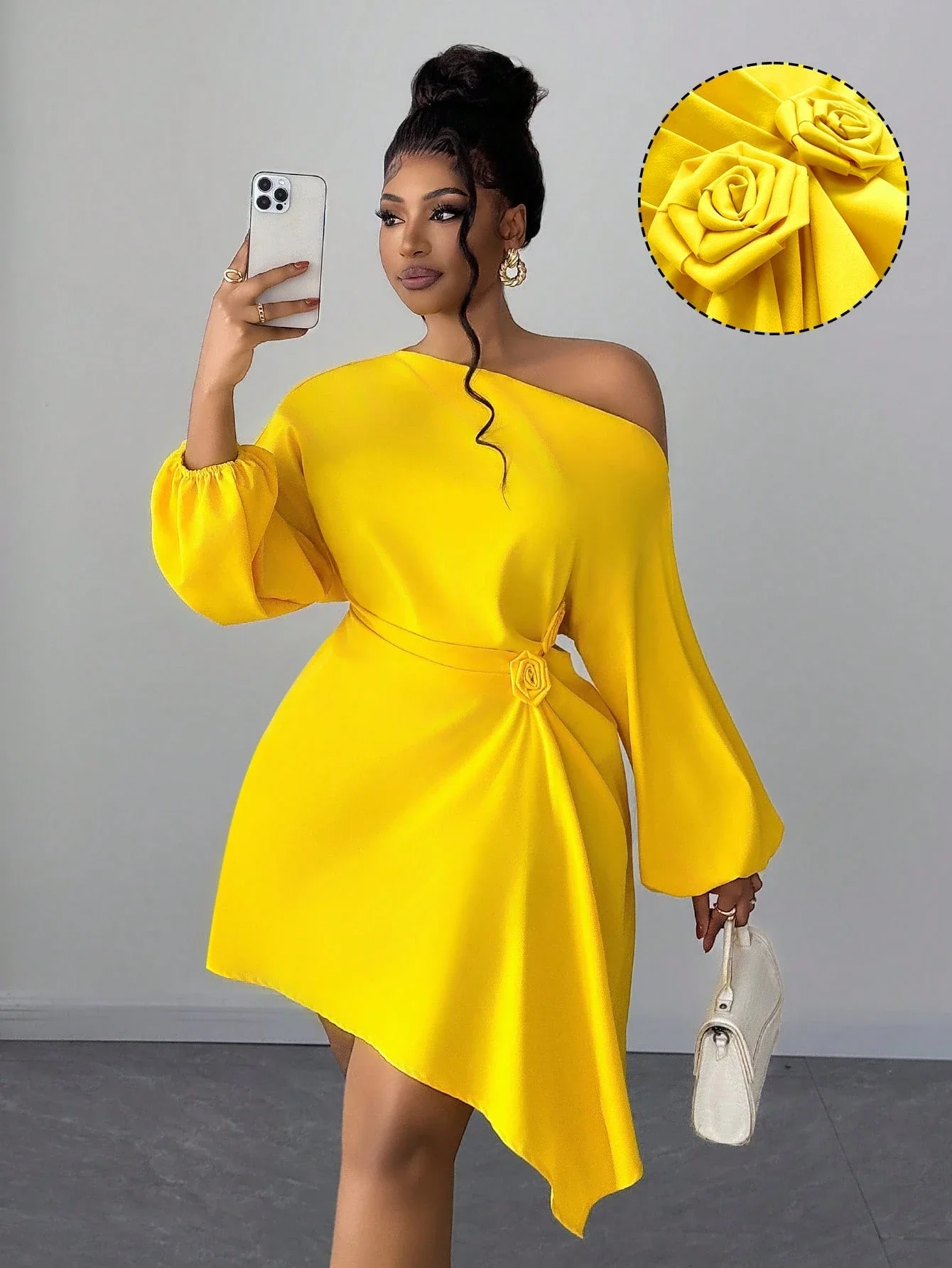 

Elegant Off Shoulder Yellow Dress With Rose Waist Detail Asymmetrical Hem