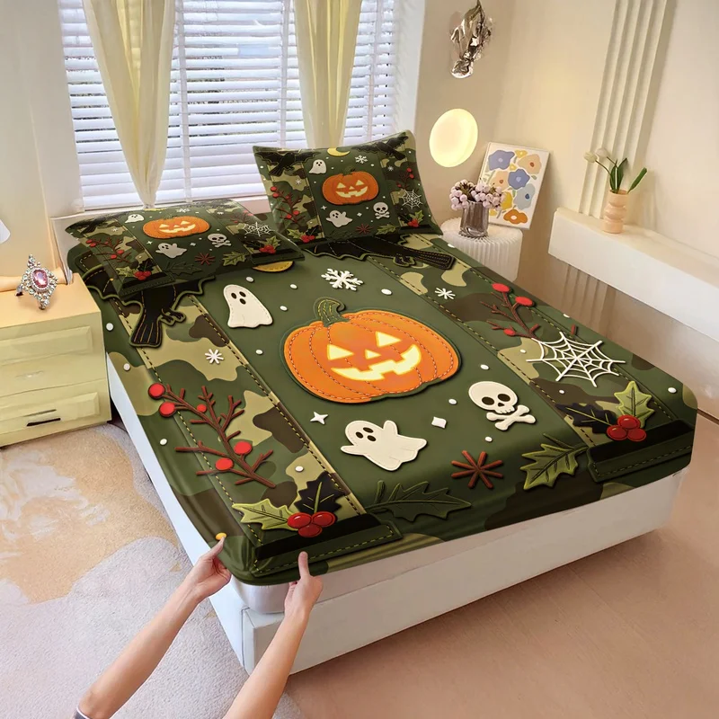 Camo Green Halloween Fitted Sheet Set Pumpkin Bat Ghost Crow Patch Print Bed Sheet Set Retro Elastic Deep Pocket Bed Linen Decor