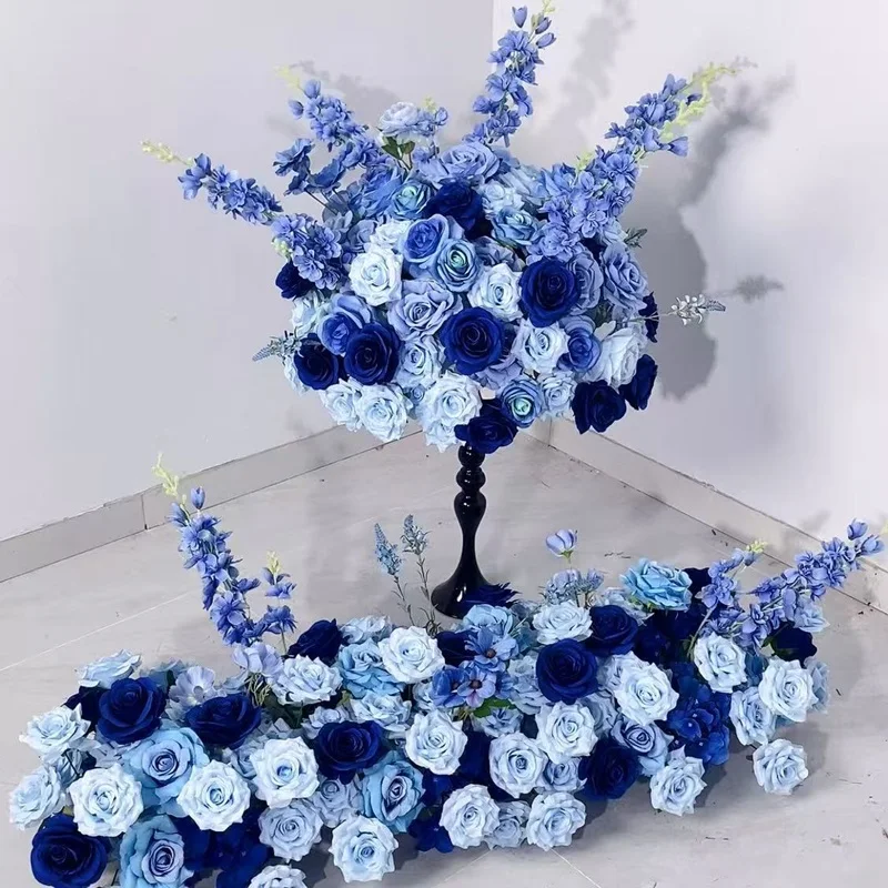 الأزرق/الأزرق الداكن تشكيلة زهور بنية صفير زهور الورد الزفاف خلفية ديكور المرحلة الطابق زهرة صف حفلة الحدث الدعائم