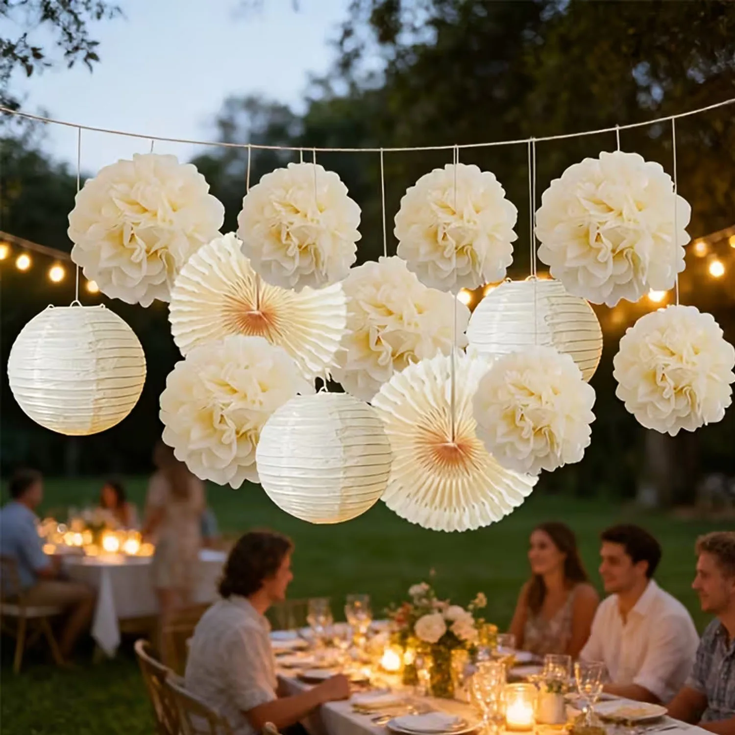13pcs Ivory Paper Art Hanging Decorations, Hollow Fan-Shaped Velvet Lanterns, Suitable for Weddings, Christmas, Garden Parties, Halls And Ceiling Decorations