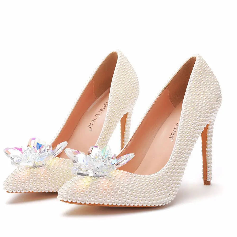 

Spring pointed toe shallow pearl crystal flower wedding shoes banquet dress large size rhinestone thin high-heeled women's shoes