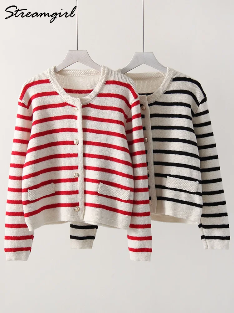 Autumn Short Cardigan For Women Knitted Striped Jackets Loose O Neck Knit Coats Black And White Stripe Women Cardigans Sweater