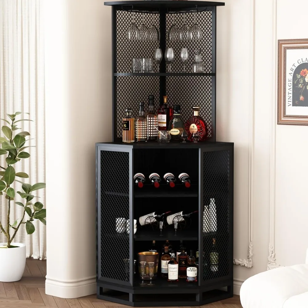 Corner Bar Cabinet, 5 Tier Corner Bar Cabinet for Liquor with Glass Holder, Industrial Tall Liquor Cabinet with with Adjustble