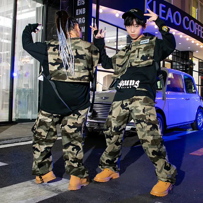 Meninas hip hop camuflagem colete calças de carga crianças militar jogger dança rua crianças traje adolescente meninos streetwear outfit