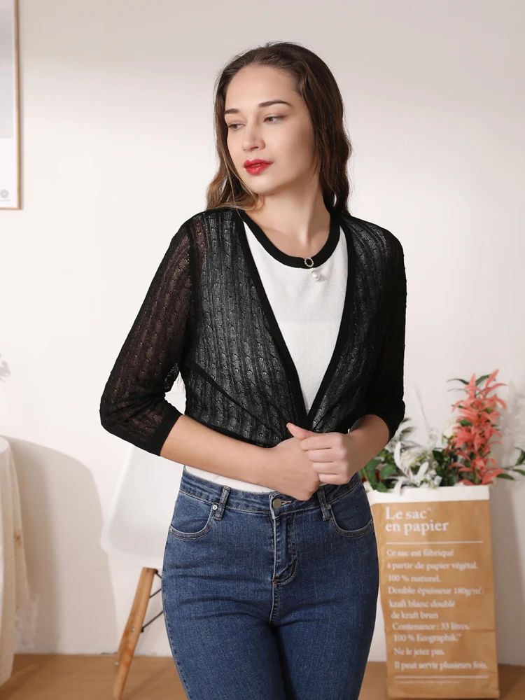Knitted Ladies Sweaters Summer Cardigan Women Tops Cropped Knitwear Outerwear Cute Crochet Top Black Sweater Long Sleeve V-neck 2